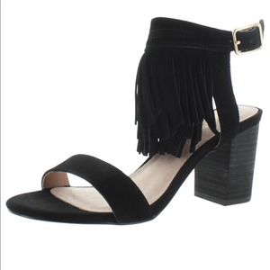 Kissy Fringe Chunky Heel Open Toe Sandal 8.5 Black NEW